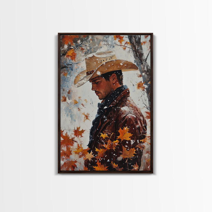 Rustic Cowboy Holiday Art Framed Canvas Print with Falling Leaves, Perfect Autumn Decor and Seasonal Gift Idea 2024