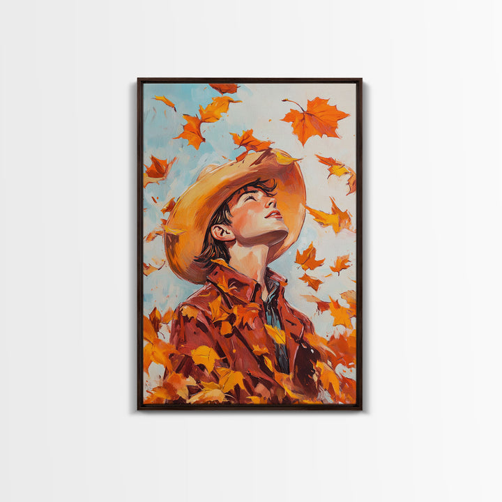 Cowboy Fall Decor Canvas Print with Windblown Leaves, Rustic Farmhouse Autumn Holiday Wall Art Seasonal Gift Idea 2024