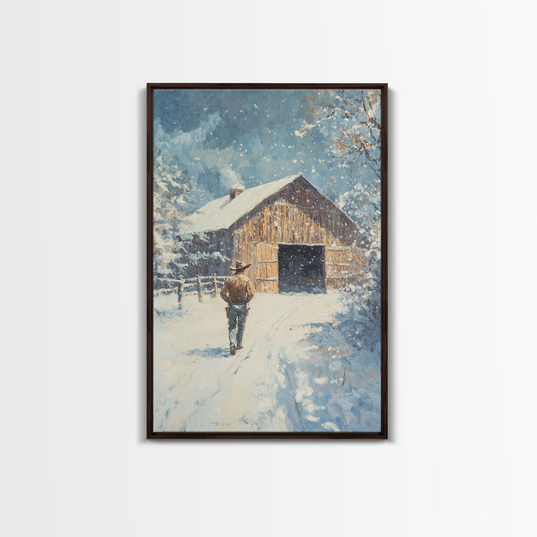 Cowboy Walking in Snow Scene Framed Canvas Print - Moody Landscape Art for Winter Home Decor 2024 Rustic Winter Wall Art