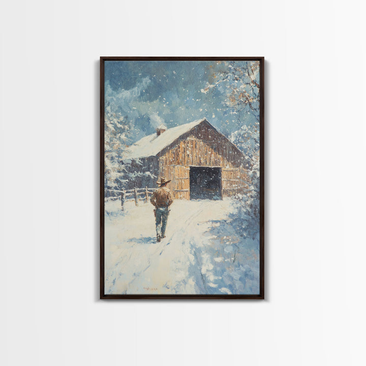 Cowboy Walking in Snow Scene Framed Canvas Print - Moody Landscape Art for Winter Home Decor 2024 Rustic Winter Wall Art