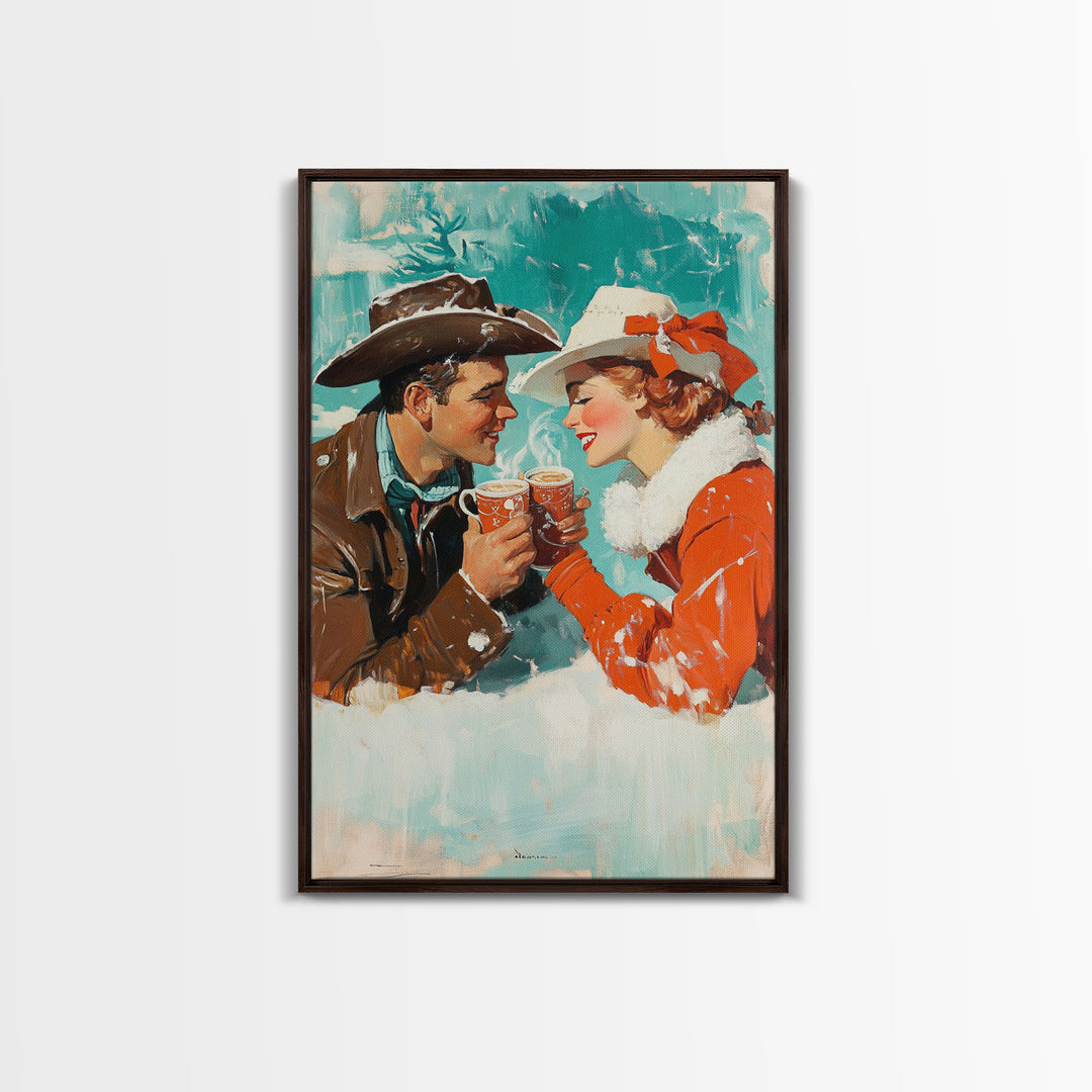 Cozy Couple Hot Cocoa Framed Canvas Print - Retro Vintage Christmas Art 2024 Christmas Decor Perfect for Holiday Wall Art