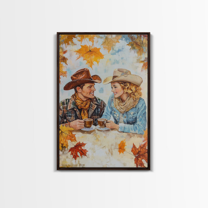 Cowboy and Cowgirl Fall Scene Framed Canvas Print - 2024 Rustic Autumn Love Country Art Gift Idea Fall Wall Decor