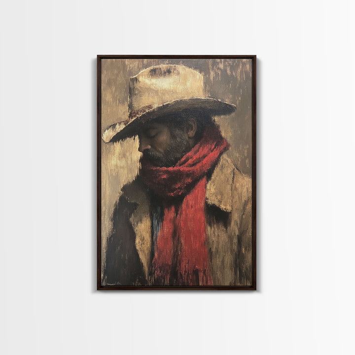 Moody Cowboy with Red Scarf Framed Canvas Print - Rustic Winter Landscape Art Best Gift Idea 2024 Christmas Wall Art