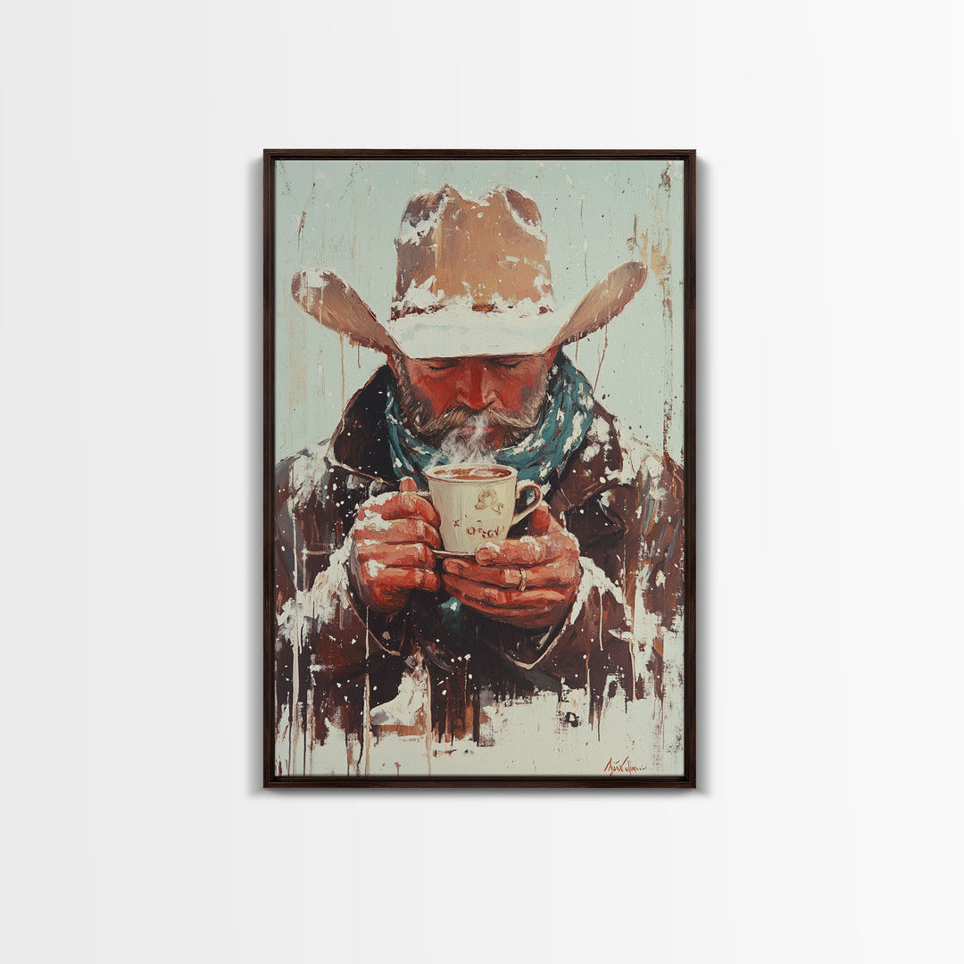 Cowboy Riding Horse in Winter Forest Framed Canvas Print - Moody Winter Landscape Art Perfect 2024 Christmas Home Decor