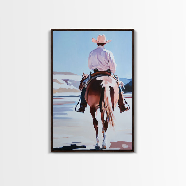 Cowboy Riding Horse Autumn Path with Fall Leaves Framed Canvas Print Vintage Christmas Wall Art Winter Landscape Christmas Decor Gift Idea