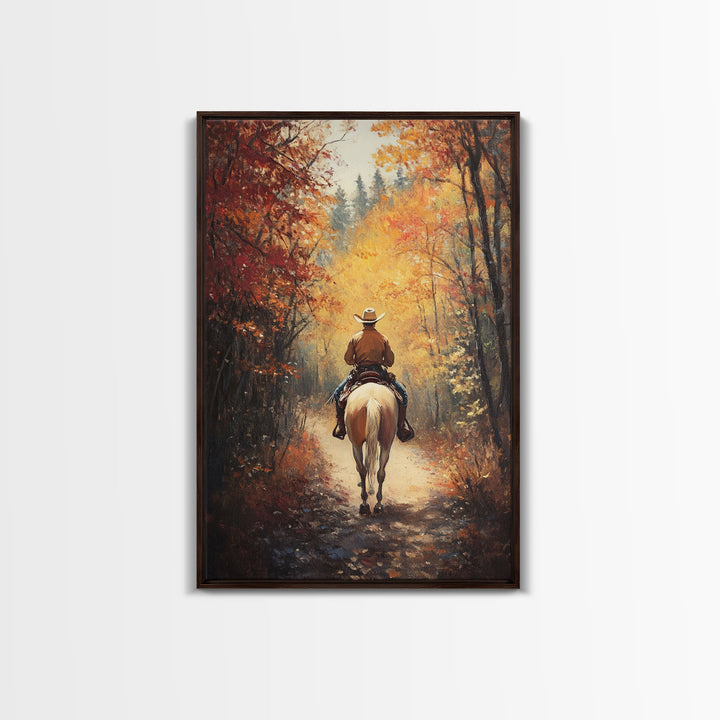 Cowboy Rider in Vibrant Autumn Forest Canvas Print Fall Season Wall Art Gallery Wall Christmas Wall Decor Vintage Cowboy Art Gift Idea