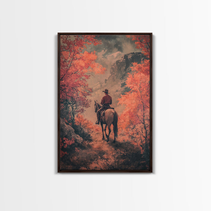 Cowboy in Forested Autumn Trail Framed Canvas Print Vintage Christmas Wall Decor Autumn Landscape Christmas Art Print Country Christmas