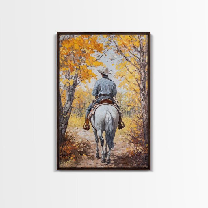 Lone Cowboy Riding Through Red Autumn Trees Framed Canvas Print Vintage Christmas Wall Art Fall Decor Winter Wonderland Seasonal Wall Art