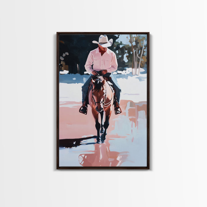 Cowboy Riding Through Snowy Winter Woods Framed Canvas Print Vintage Christmas Wall Art Winter Landscape Decor Landscape Christmas Decor