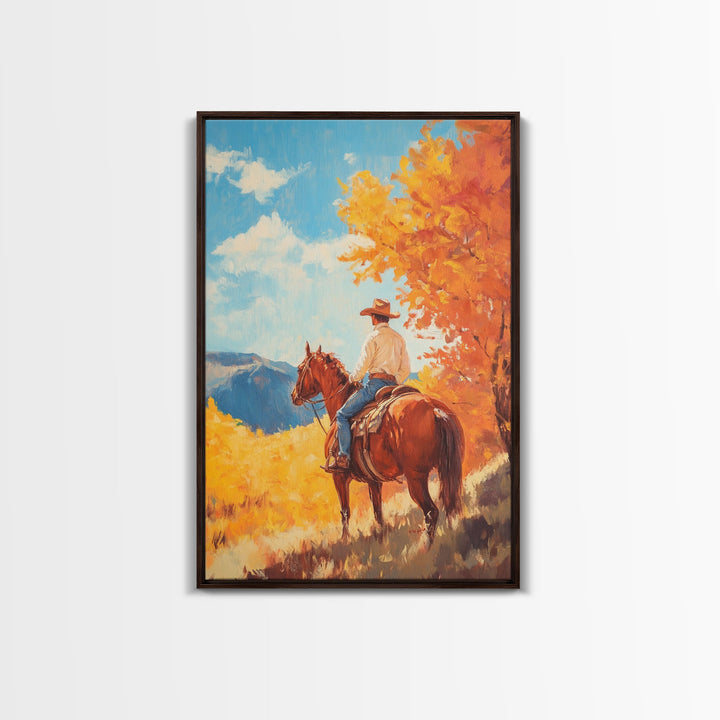 Cowboy in Colorful Autumn Trail Framed Canvas Print Country Christmas Decor Fall Wall Art Vintage Christmas Decor Gift Idea Gallery Wall Art