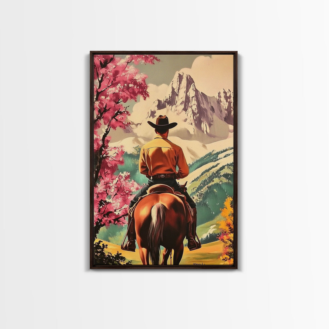 Cowboy Rider in Autumn Field with Mountains Framed Canvas Print Fall Landscape Wall Art Christmas Wall Decor Vintage Christmas Gift Idea