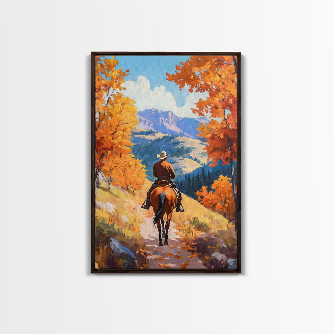 Cowboy Riding Through Autumn Mountains Framed Canvas Print Fall Landscape Art Christmas Decor Seasonal Wall Art Cowboy Christmas Gift Idea