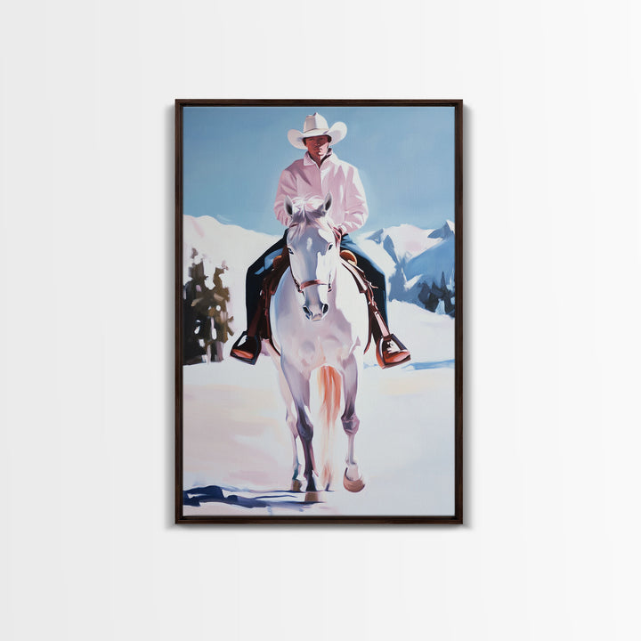 Lone Cowboy on White Horse in Snowy Landscape Canvas Print Winter Christmas Art Seasonal Wall Art Vintage Christmas Moody Landscape Gift