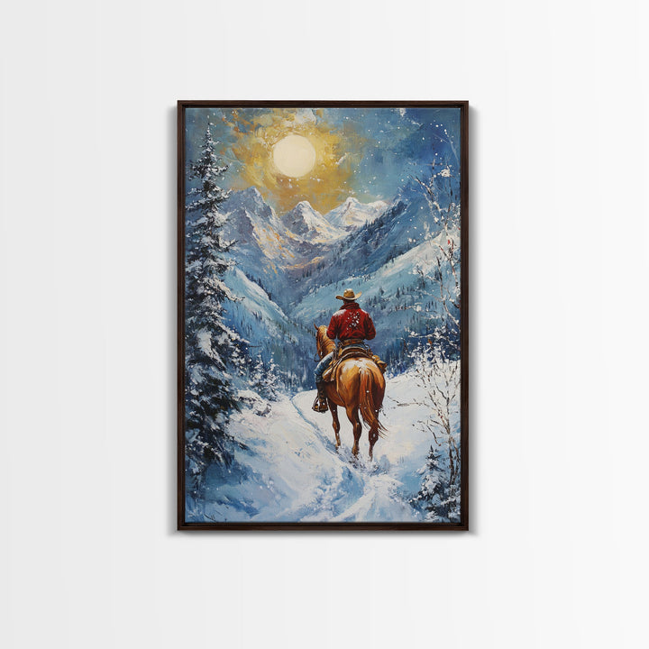 Cowboy in Winter Mountain Scene Canvas Print Christmas Wall Art Vintage Christmas Decor Winter Wonderland Gift Idea Seasonal Wall Art