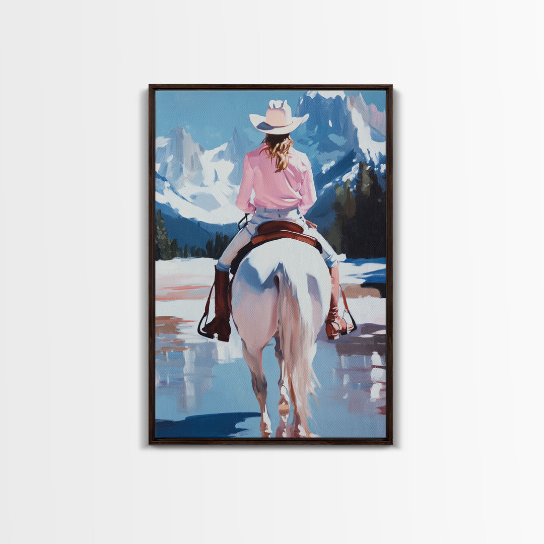 Female Cowboy Riding Through Winter Mountains Framed Canvas Print Christmas Wall Art Winter Wonderland Vintage Christmas Gift Wall Art