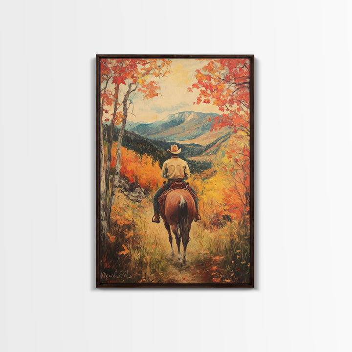 Cowboy in Autumn Landscape Canvas Print Fall Wall Art Vintage Christmas Wall Decor Country Christmas Gift Seasonal Wall Art Fall Decor