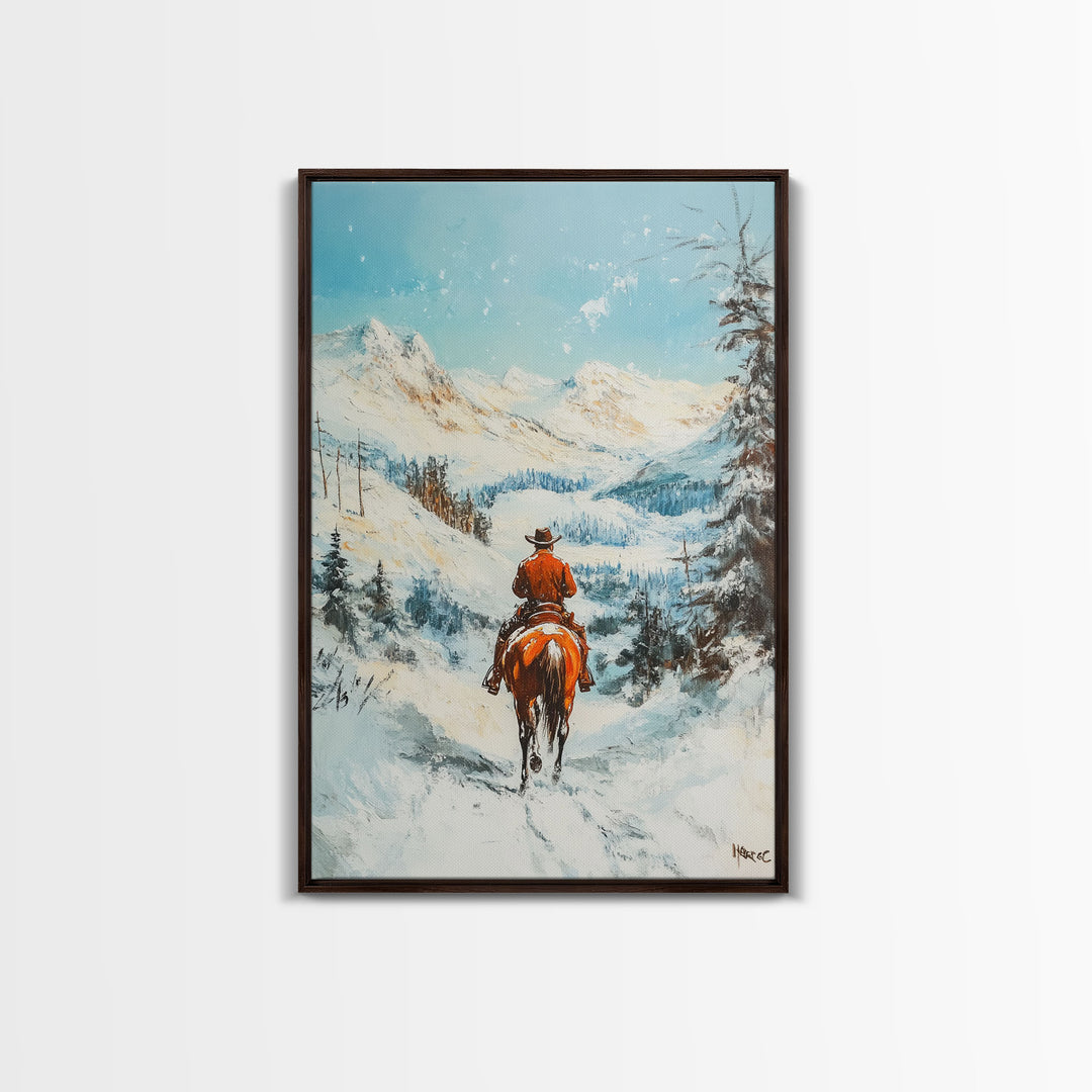 Cowboy Riding Through Snowy Mountains Framed Canvas Print Christmas Wall Art Winter Wonderland Decor Seasonal Wall Art Christmas Gift Idea