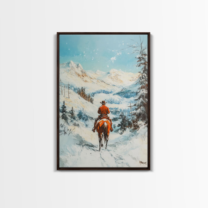 Cowboy Riding Through Snowy Mountains Framed Canvas Print Christmas Wall Art Winter Wonderland Decor Seasonal Wall Art Christmas Gift Idea