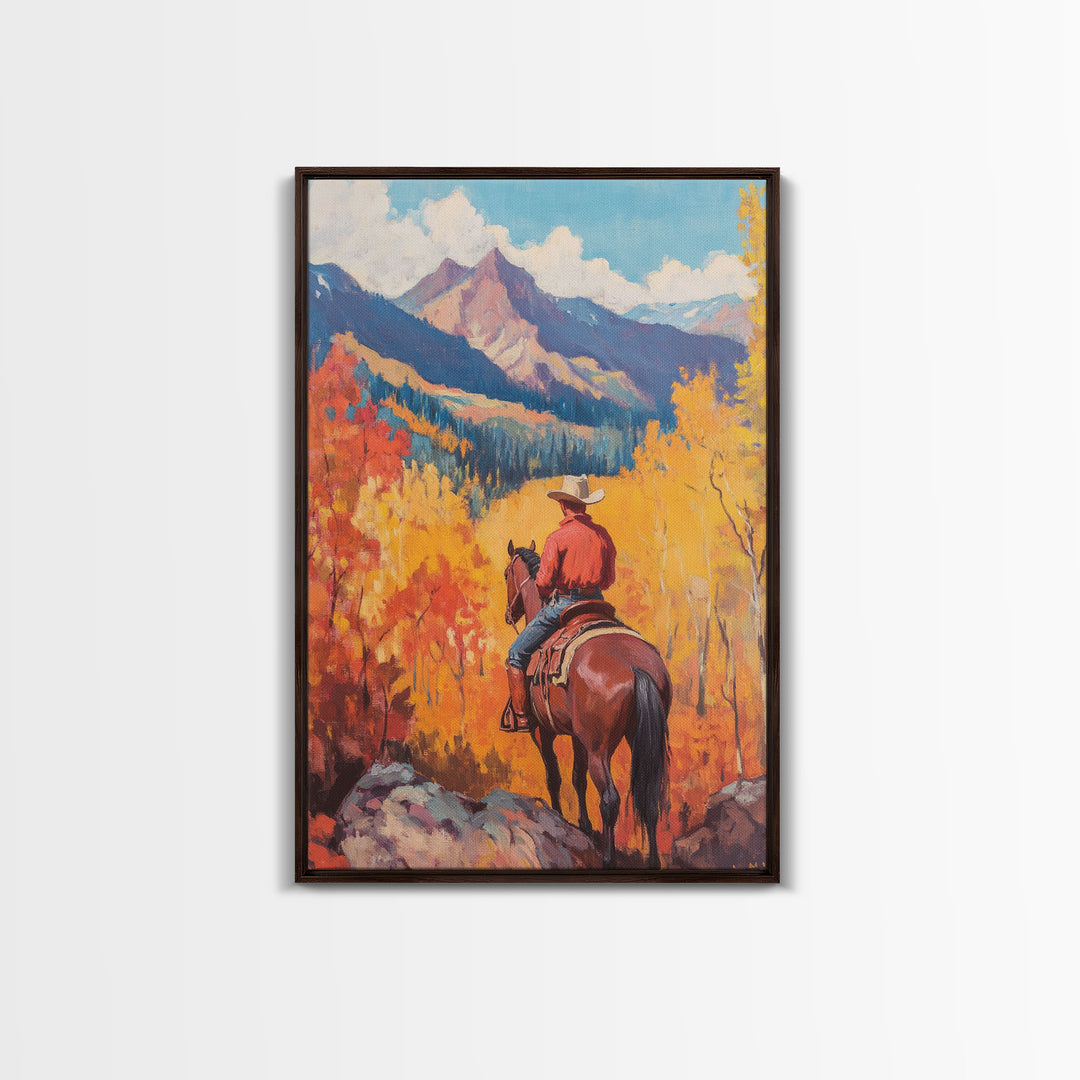 Cowboy in Snowy Mountain Valley Framed Canvas Print Christmas Wall Art Winter Wonderland Vintage Christmas Decor Gift Idea Moody Landscape