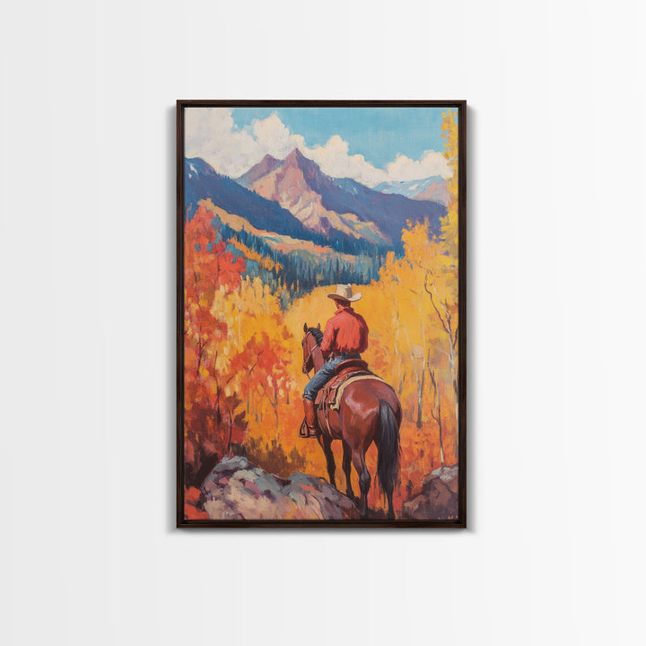 Cowboy in Snowy Mountain Valley Framed Canvas Print Christmas Wall Art Winter Wonderland Vintage Christmas Decor Gift Idea Moody Landscape