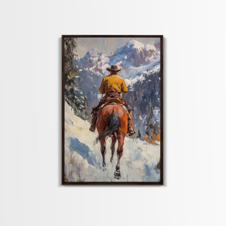 Cowboy on Horseback in Autumn Mountains Canvas Print Fall Wall Art Vintage Christmas Decor Country Christmas Wall Art Gift Idea Seasonal Art
