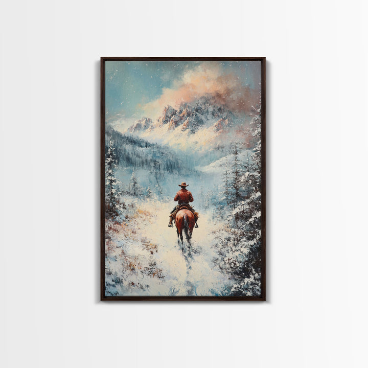 Cowboy in Winter Mountains Framed Canvas Print Christmas Wall Art Winter Wonderland Decor Vintage Christmas Gift Idea Moody Landscape Art