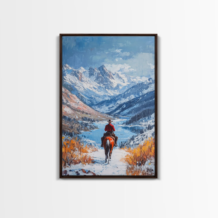 Cowboy in Snowy Mountain Range Canvas Print Winter Wonderland Art Christmas Decor Seasonal Wall Art Vintage Christmas Gift Christmas Decor
