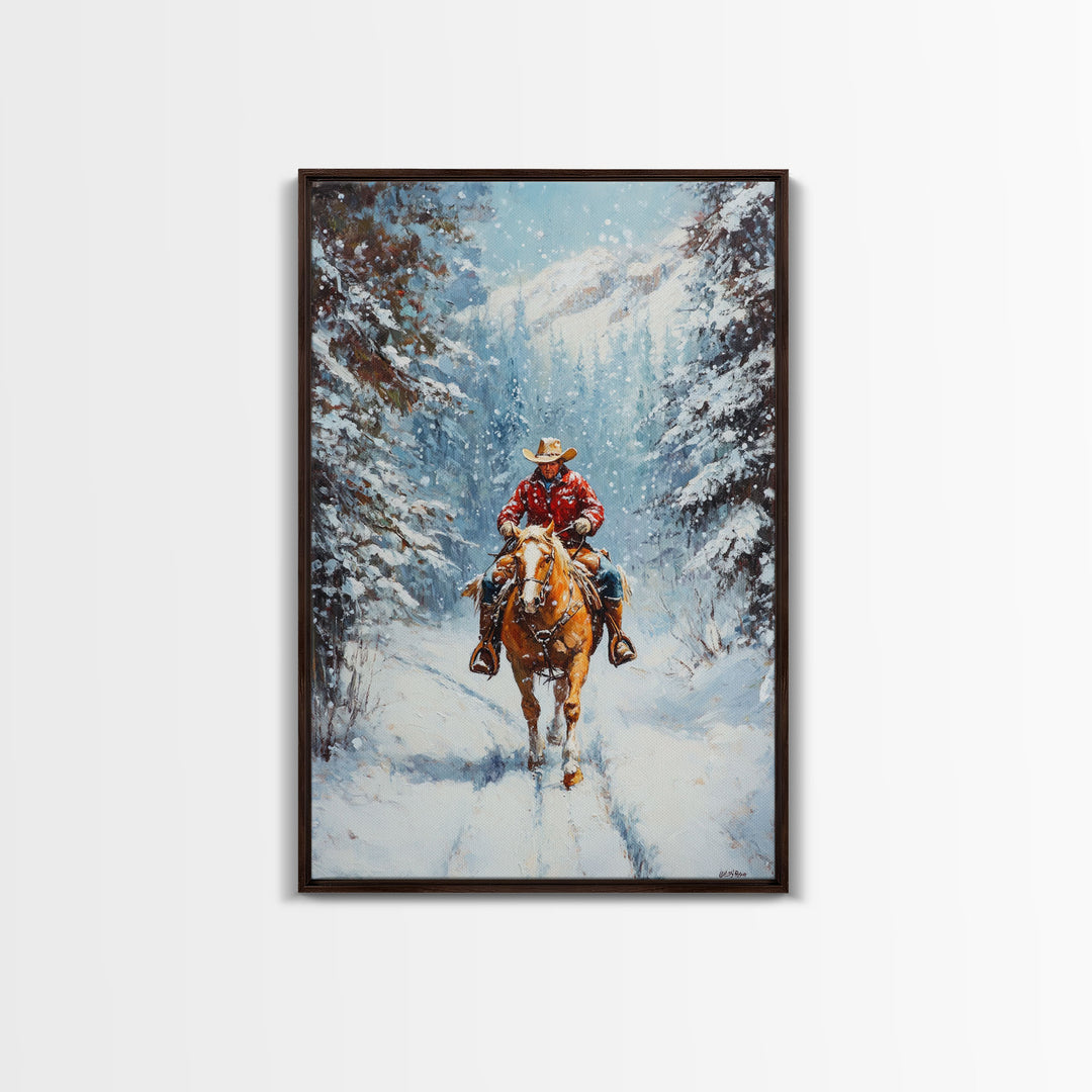 Cowboy Walking Through Snowy Winter Forest Canvas Print, Western Christmas Art Gift, Holiday Wall Decor, Rustic Art, Framed Canvas Print