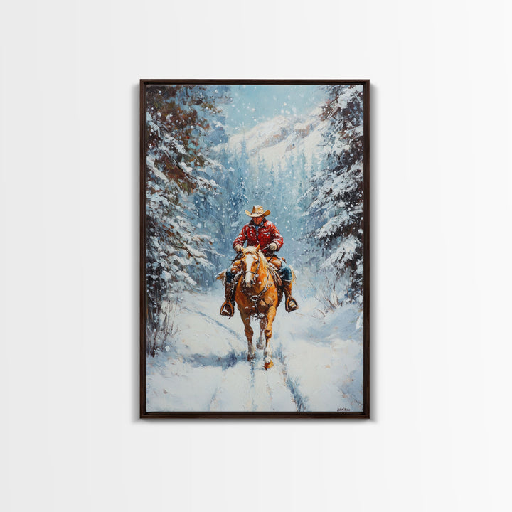 Cowboy Walking Through Snowy Winter Forest Canvas Print, Western Christmas Art Gift, Holiday Wall Decor, Rustic Art, Framed Canvas Print