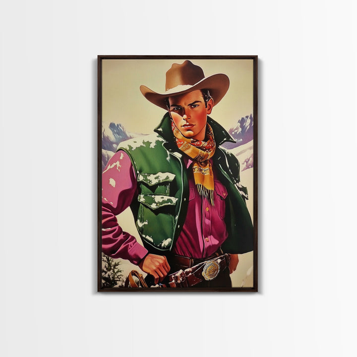 Retro Cowboy in Snowy Mountain Canvas Print, Winter Wall Art, Holiday Decor, Vintage Christmas Art, Rustic Wall Decor, Framed Canvas Print