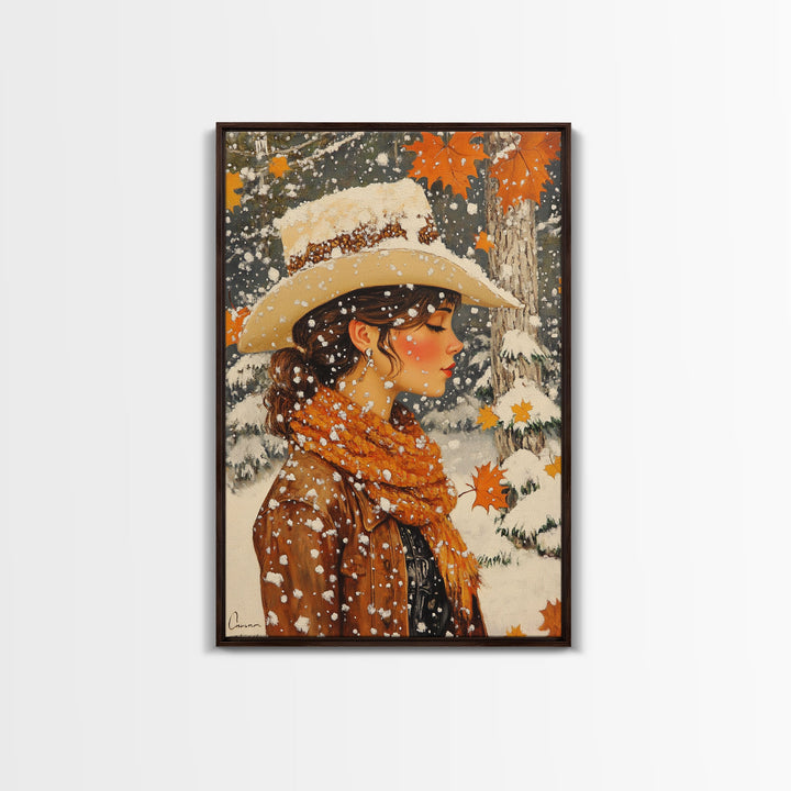 Snowy Cowgirl in Fall Scene Canvas Print, Seasonal Holiday Art, Rustic Christmas Decor, Farmhouse Wall Art, Winter Wonderland Wall Print