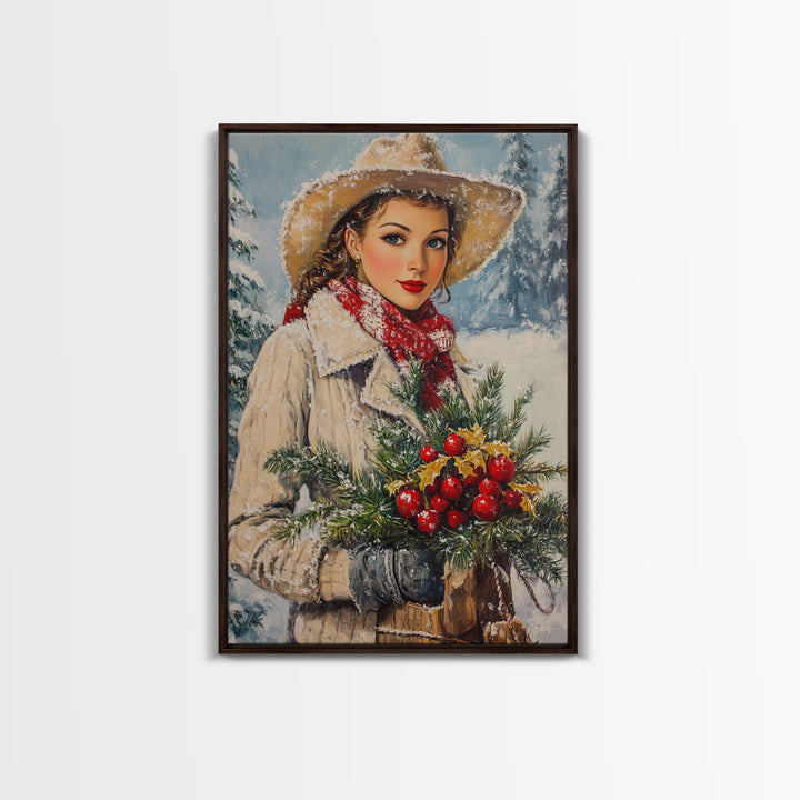 Cozy Christmas framed canvas print woman carrying holiday greenery in snowy winter scene perfect for vintage Christmas home decor