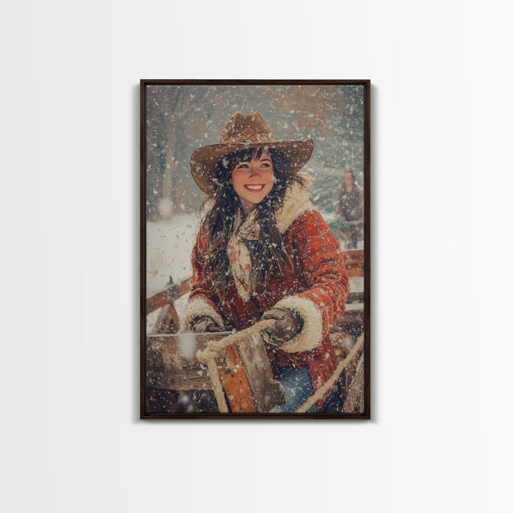 Country Christmas framed canvas print cheerful woman enjoying a snowy ride perfect seasonal wall art or vintage holiday home decor idea