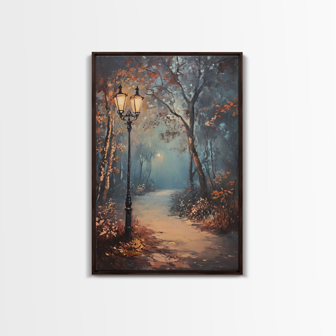 Spooky Street Lights In The City Park, Framed Canvas Print, Wood Framed Wall Art, Fall Decor, Holiday Decor, Seasonal Gift Idea
