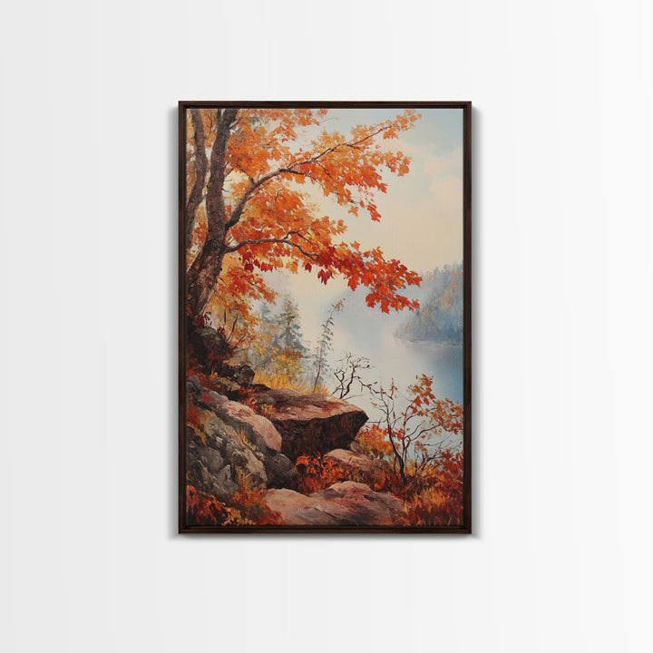 Fall In The Virginia Mountains - Framed Canvas Print - Autumn Leaves Falling On The Mountain Lake Landscape