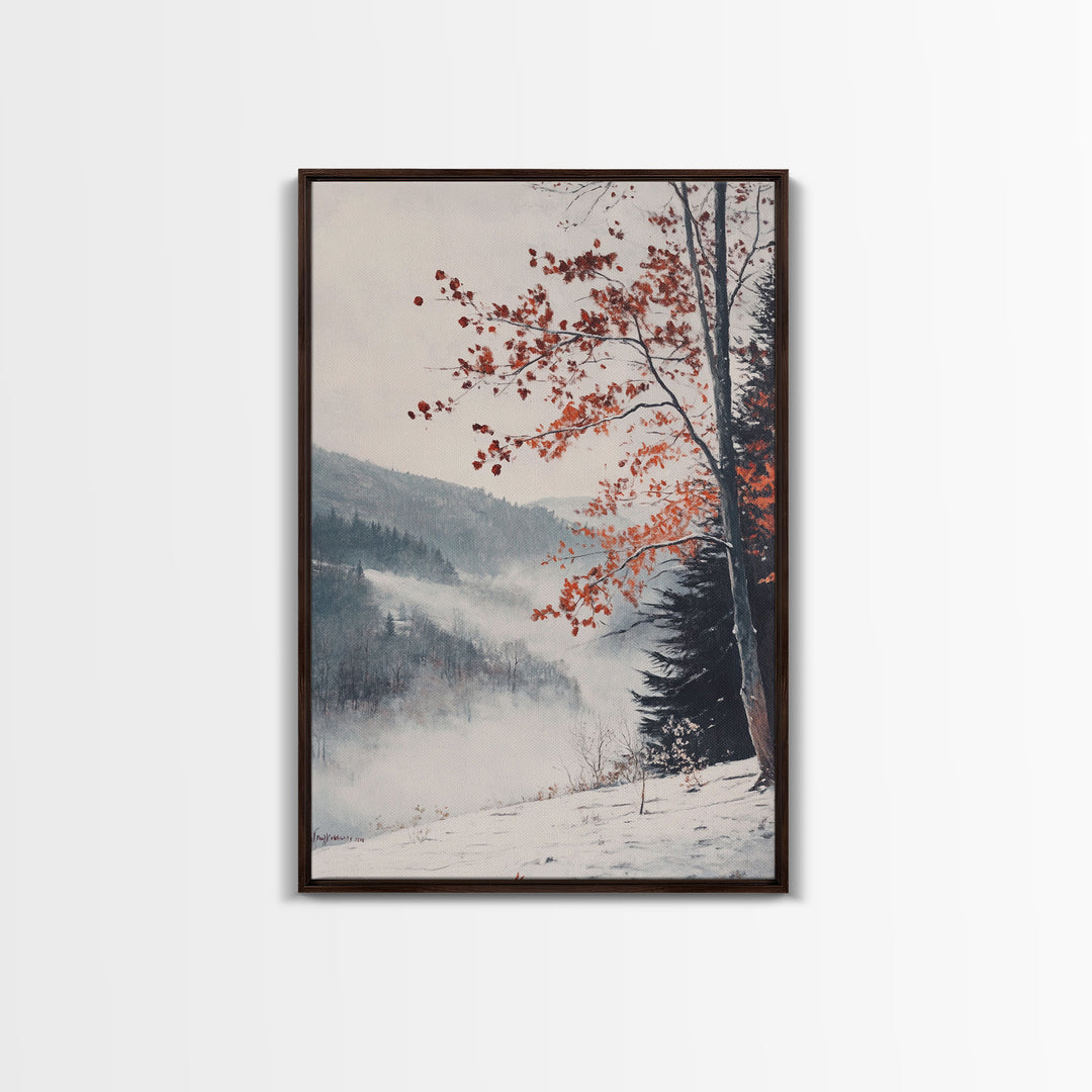 Canvas Print of Snowy Mountain Trees Red Leaves, Winter Wonderland Wall Art, Best Gift Idea, Moody Landscape, Rustic Christmas Decor