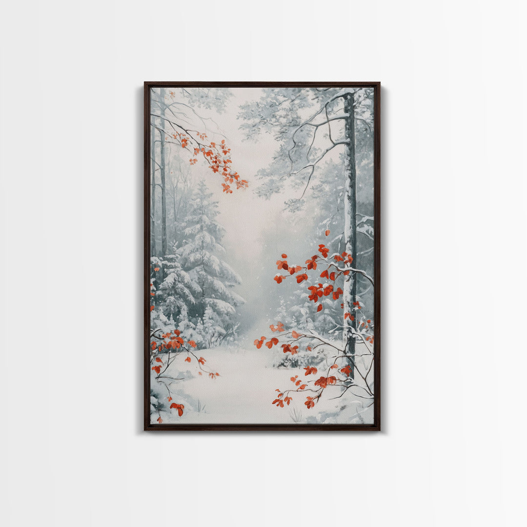 Canvas Print of Winter Wonderland with Red Leaves in Snow, Winter Wall Art, Best Gift Idea, Moody Landscape, Christmas Home Decor