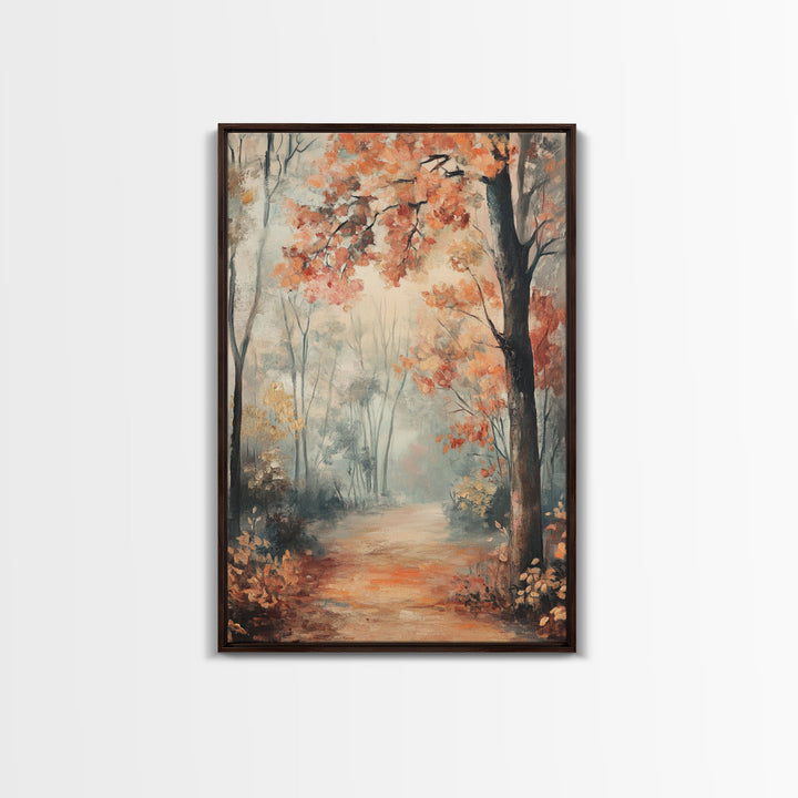 Framed Canvas Print of Foggy Autumn Forest with Red Leaves, Moody Landscape Wall Art, Fall Seasonal Decor, Best Gift Idea, Modern Farmhouse