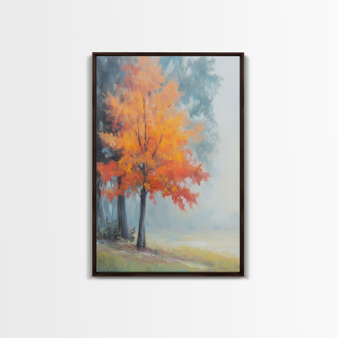 Canvas Print of Vibrant Autumn Tree in Misty Background, Seasonal Wall Art, Fall Decor, Best Gift Idea, Modern Farmhouse Landscape Art
