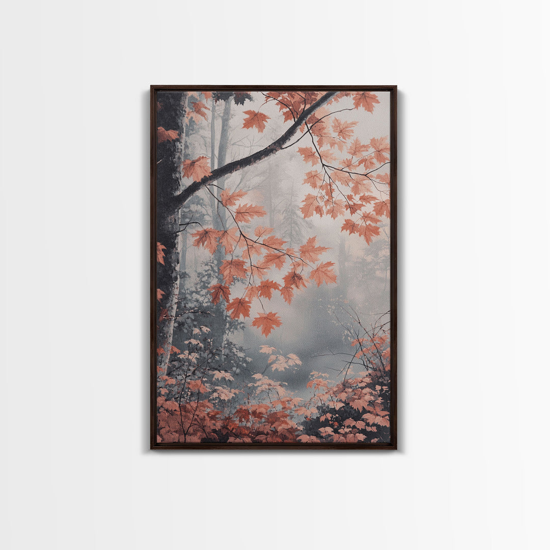 Framed Canvas Print of Fall Leaves on Branches in Misty Forest, Moody Landscape Wall Art, Fall Decor, Gift Idea, Farmhouse Seasonal Art