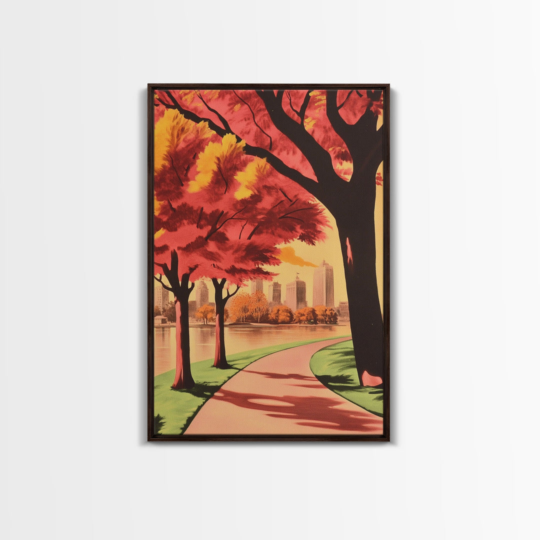 Canvas Print of City Park with Autumn Trees and Path, Seasonal Wall Art, Modern Farmhouse Decor, Best Gift Idea, Fall Cityscape Art
