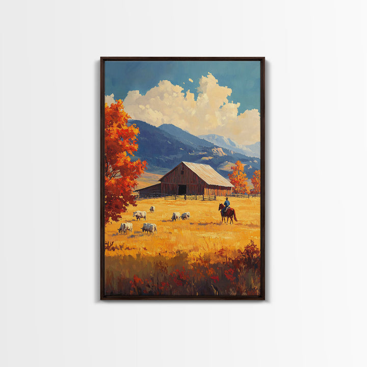 Cowboy Herding Cattle Framed Canvas Print Rustic Autumn Landscape With Barn And Vibrant Fall Colors Perfect Country Christmas Decor Art
