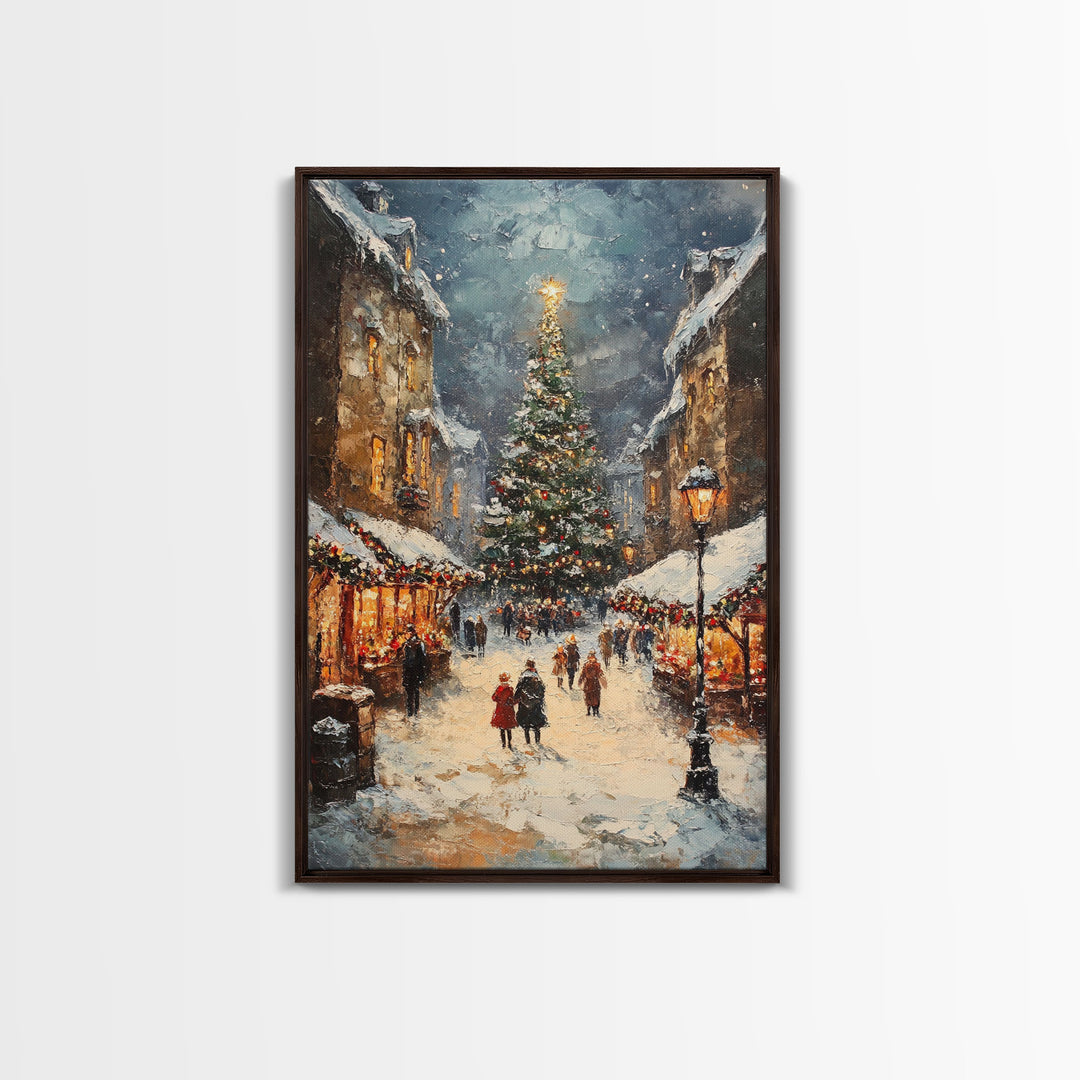 Christmas Market Scene With Tree And Snow Framed Canvas Print Vintage Holiday Village Scene Perfect For Christmas Wall Art And Holiday Decor