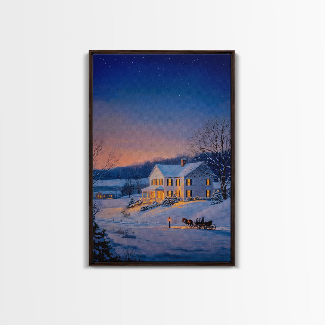 Cozy Snowy House Winter Landscape Framed Canvas Print Wall Art Christmas Decor, Country Christmas Art Gift, Winter Wonderland Art