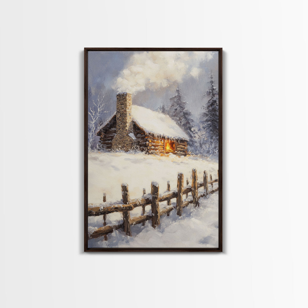 Rustic Cabin In Snow Framed Canvas Print Wall Art Christmas Home Decor, Winter Landscape Art, Cozy Winter Cabin Scene