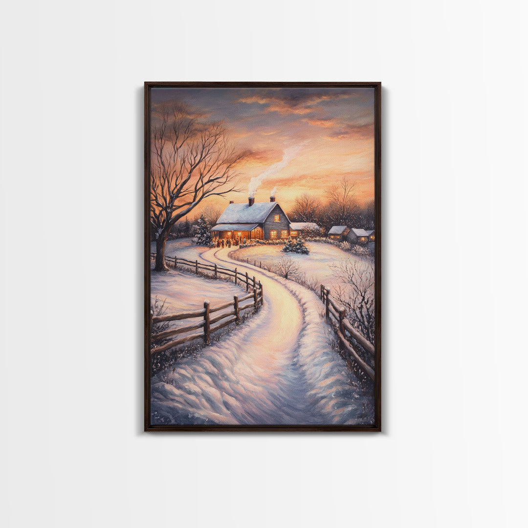 Snowy Path Leading To House Framed Canvas Print Wall Art Christmas Decor, Winter Holiday Art Gift, Cozy Christmas Wall Art