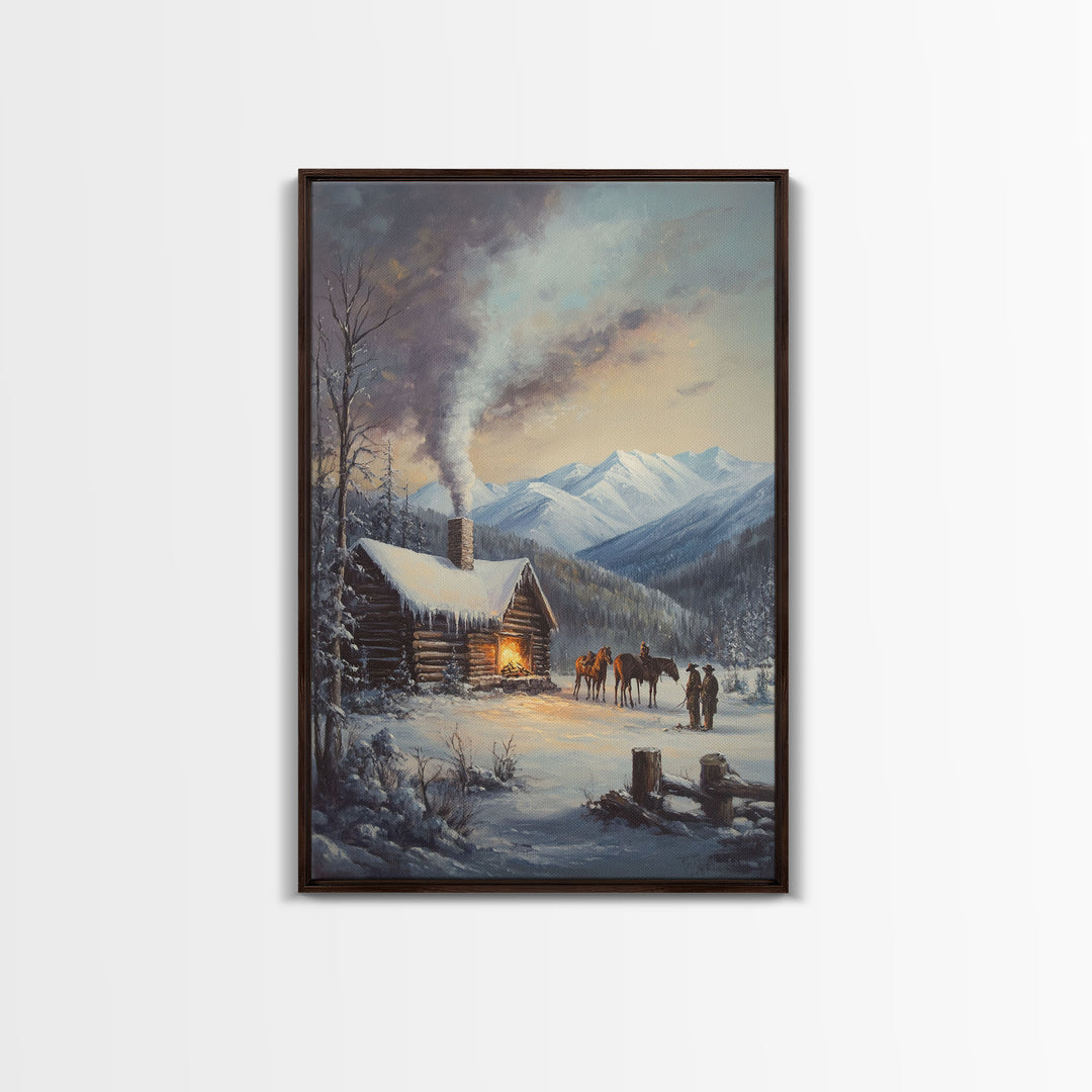 Mountain Cabin In Snow With Horses Framed Canvas Print Wall Art Rustic Winter Decor, Country Christmas Art, Winter Wonderland Scene