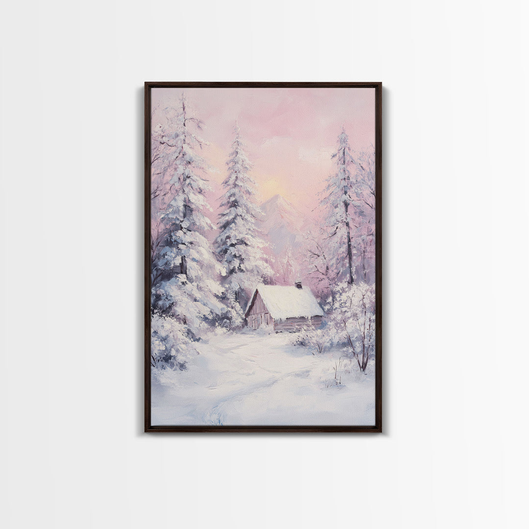 Pink Snowy Cabin Landscape Framed Canvas Print Wall Art Winter Wonderland Decor, Christmas Art Gift, Rustic Winter Scene Art