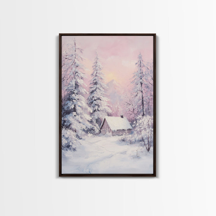 Pink Snowy Cabin Landscape Framed Canvas Print Wall Art Winter Wonderland Decor, Christmas Art Gift, Rustic Winter Scene Art