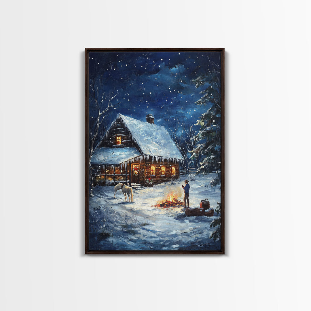 Cowboy Christmas by the Fire Framed Canvas Print, Western Holiday Decor with Snowy Cabin, Cozy Art Perfect for Rustic Christmas Winter Decor